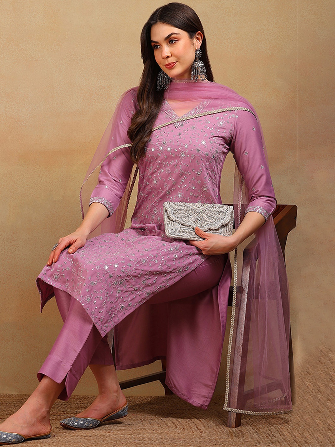 KALINI Floral Embroidered Straight Sequinned Kurta with Trousers & Dupatta, Lavender
KALINI Floral Embroidered Straight Sequinned Kurta with Trousers & Dupatta, Lavender