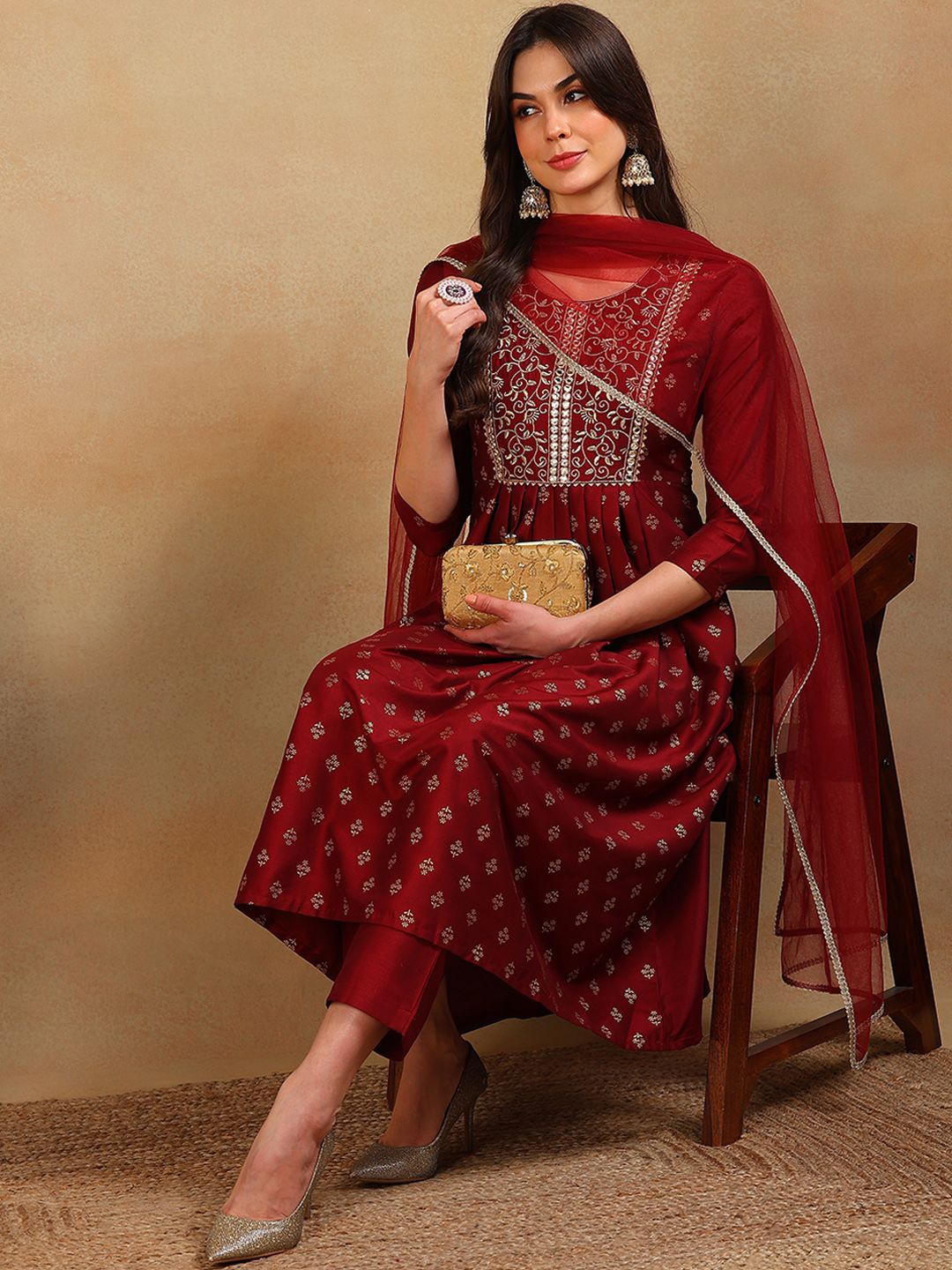KALINI Ethnic Motifs Woven Design A-Line Mirror Work Kurta With Trousers & Dupatta, Maroon
KALINI Ethnic Motifs Woven Design A-Line Mirror Work Kurta With Trousers & Dupatta, Maroon