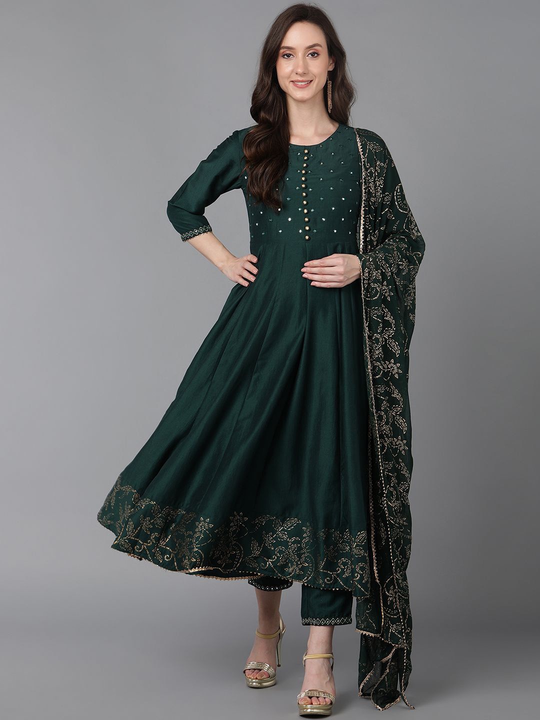 KALINI Ethnic Motifs Printed Regular Mirror Work Kurta with Trousers & Dupatta, Green
KALINI Ethnic Motifs Printed Regular Mirror Work Kurta with Trousers & Dupatta, Green