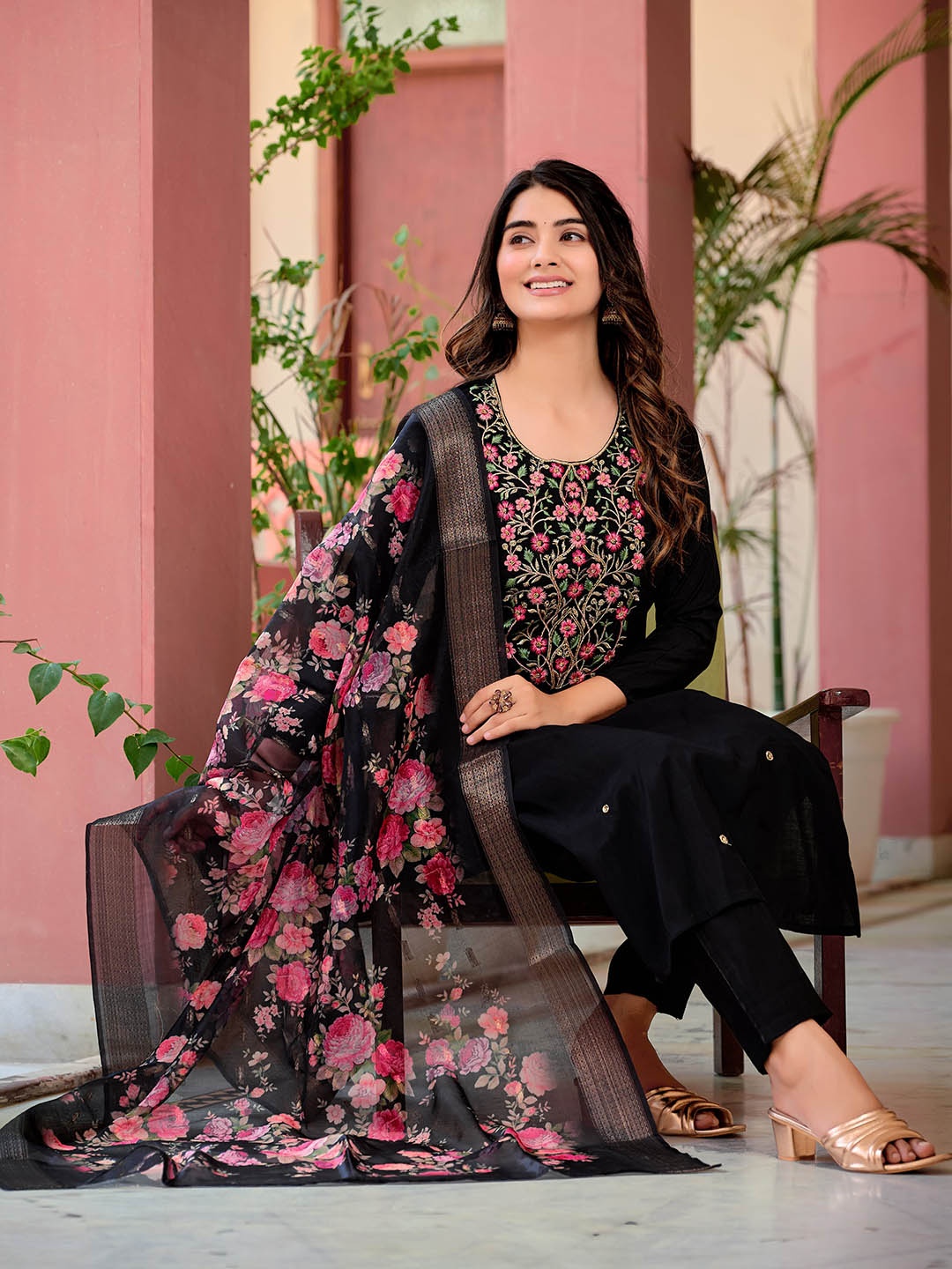 KALINI Floral Embroidered Beads and Stones Chanderi Cotton Kurta with Trousers & Dupatta, Black
KALINI Floral Embroidered Beads and Stones Chanderi Cotton Kurta with Trousers & Dupatta, Black
