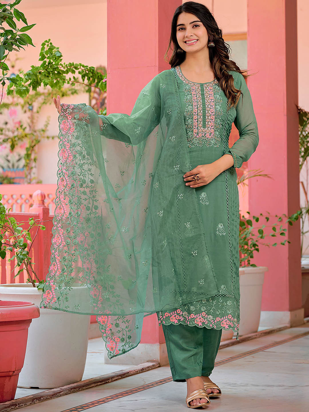 KALINI Floral Embroidered Beads and Stones Pure Silk Kurta with Trousers & Dupatta, Green
KALINI Floral Embroidered Beads and Stones Pure Silk Kurta with Trousers & Dupatta, Green