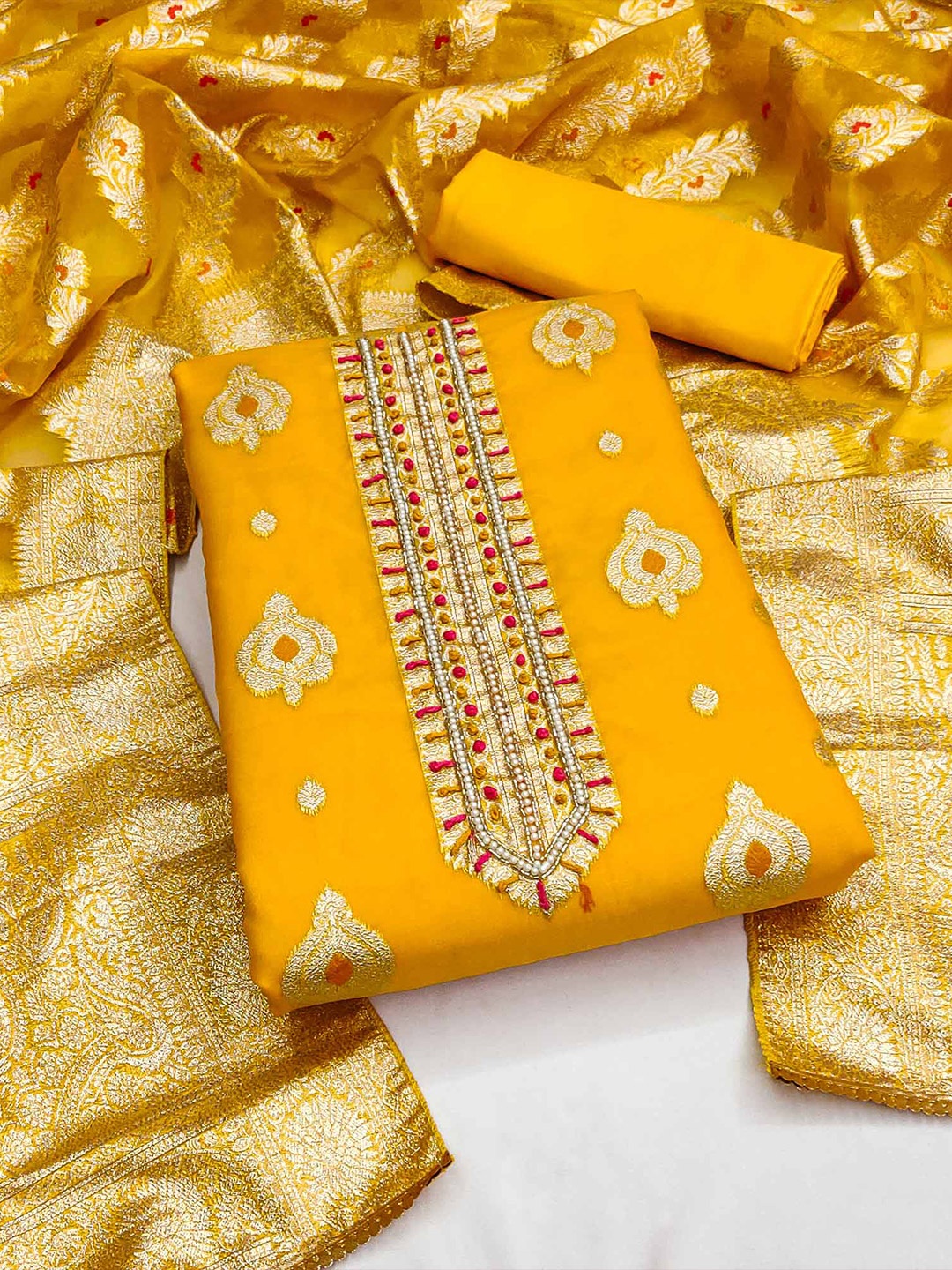 Peachmode Ethnic Motifs Woven Design Beads and Stones Organza Unstitched Dress Material, Yellow
Peachmode Ethnic Motifs Woven Design Beads and Stones Organza Unstitched Dress Material, Yellow