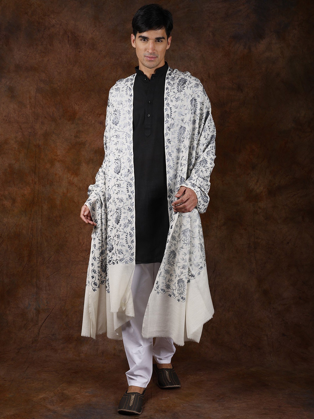 Exotic India Women Paisley Embroidered Shawl, White