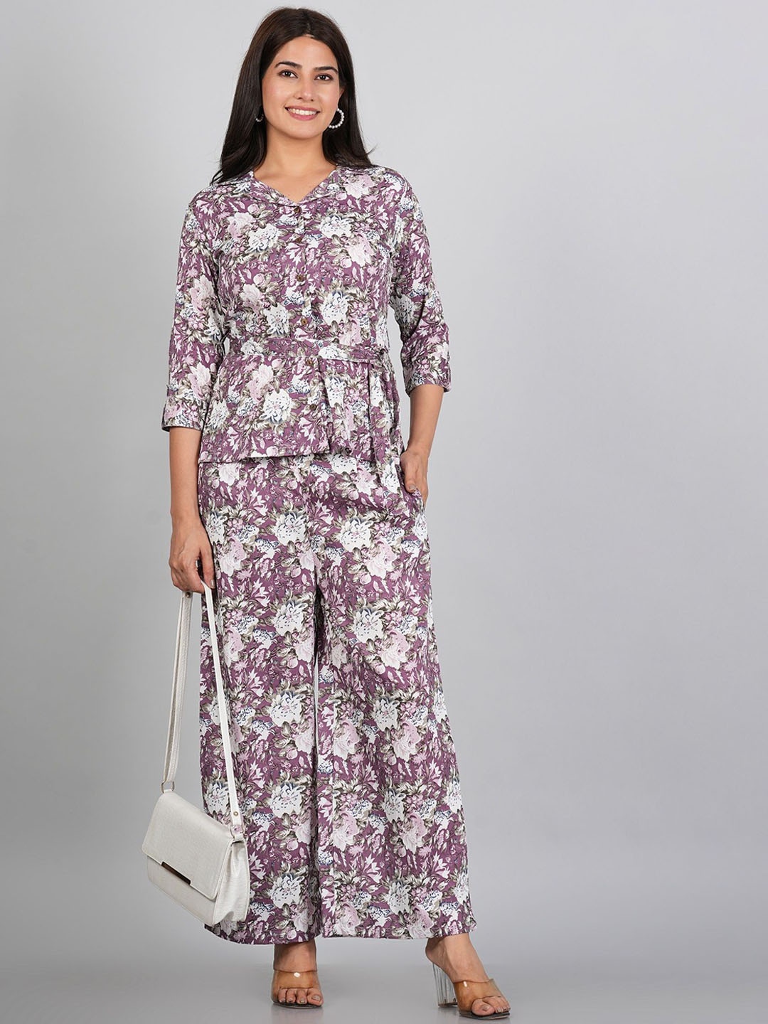 RAJPUTANA CAMISA Floral Printed Lapelled Collar Roll-Up Sleeves Shirt With Palazzos, Purple
RAJPUTANA CAMISA Floral Printed Lapelled Collar Roll-Up Sleeves Shirt With Palazzos, Purple