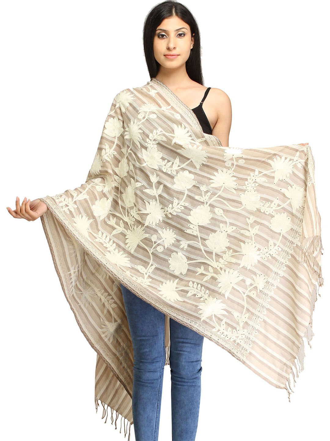 Exotic India Tidal Foam Pure Wool Stole with Aari Embroidery and Crystals, Beige
Exotic India Tidal Foam Pure Wool Stole with Aari Embroidery and Crystals, Beige