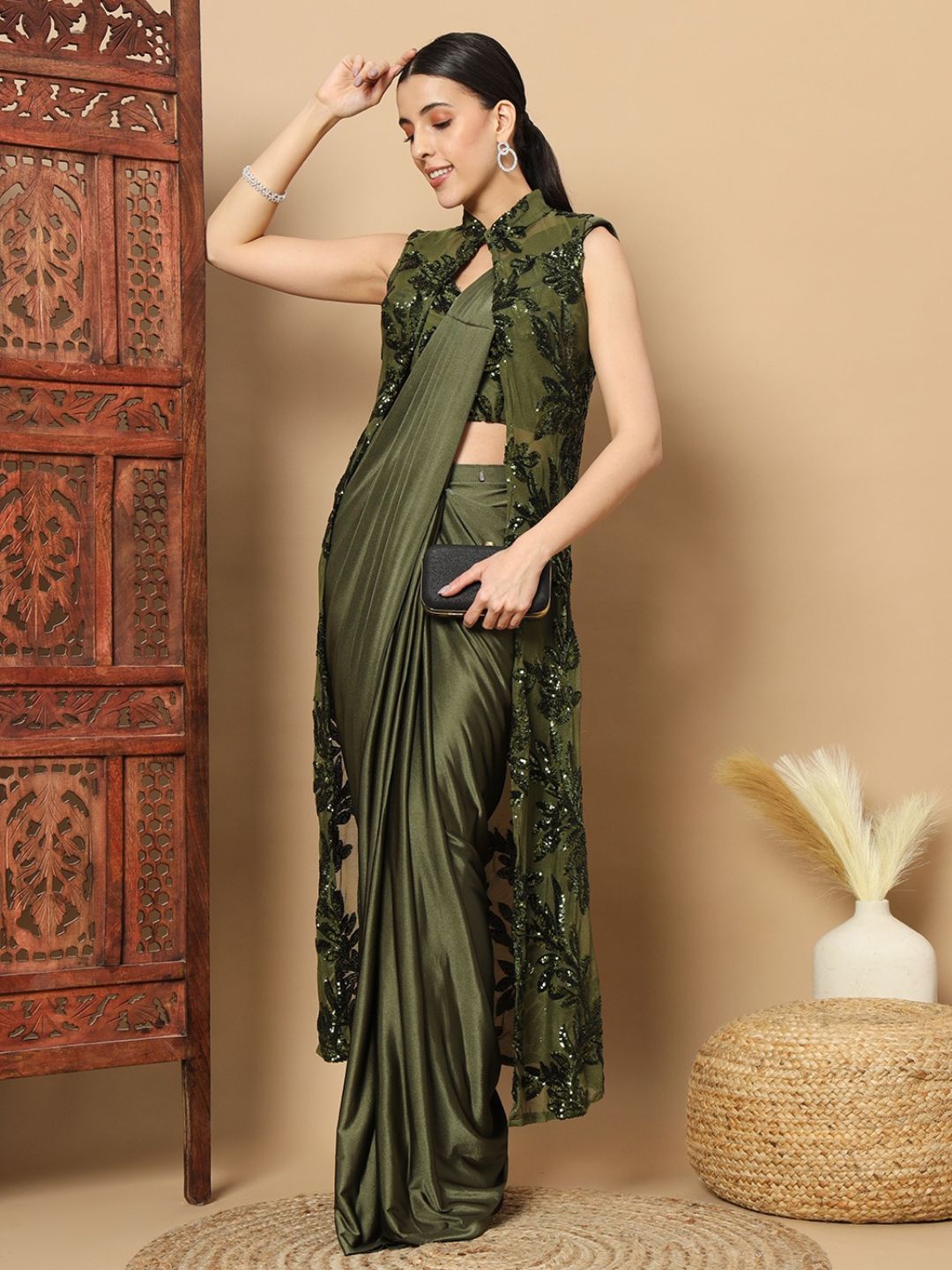 Chhabra 555 Ready to Wear Saree with Stiched Blouse and Long Sequinned Jacket, Green
Chhabra 555 Ready to Wear Saree with Stiched Blouse and Long Sequinned Jacket, Green