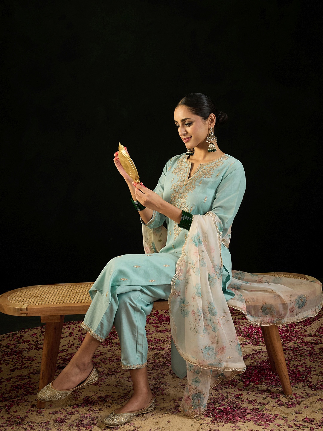 Indo Era Floral Embroidered Notched Neck Straight Kurta with Trousers & Dupatta, Blue
Indo Era Floral Embroidered Notched Neck Straight Kurta with Trousers & Dupatta, Blue