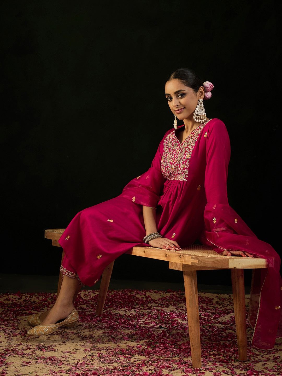 Indo Era V Neck Ethnic Motifs Embroidered Pleated Kurta with Trouser & Dupatta, Magenta
Indo Era V Neck Ethnic Motifs Embroidered Pleated Kurta with Trouser & Dupatta, Magenta