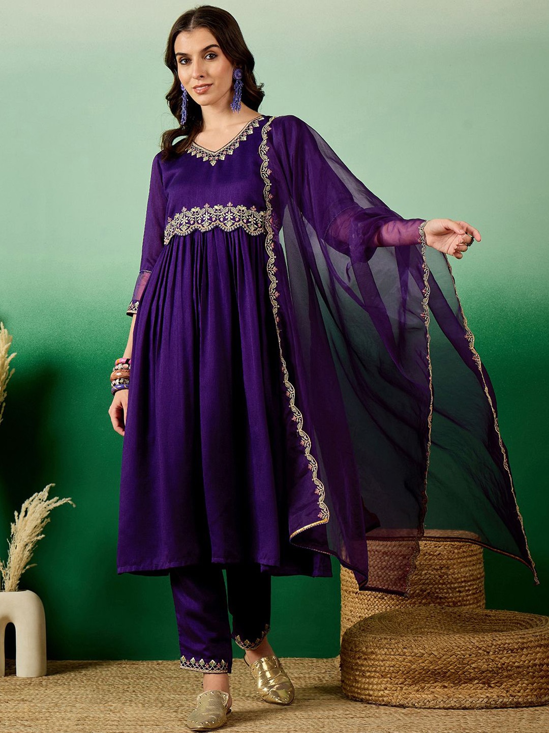 Sangria Floral Embroidered Empire V-Neck Zari A-Line Kurta & Trousers With Dupatta, Purple
Sangria Floral Embroidered Empire V-Neck Zari A-Line Kurta & Trousers With Dupatta, Purple