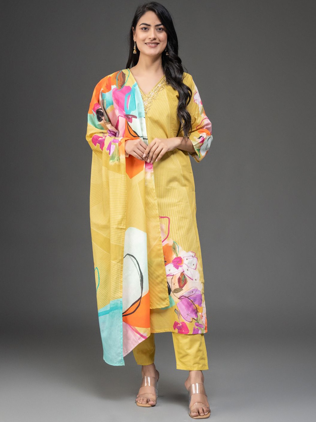 DARIAN Floral Striped V-Neck Thread Work Pure Cotton Kurta with Trousers & Dupatta, Yellow
DARIAN Floral Striped V-Neck Thread Work Pure Cotton Kurta with Trousers & Dupatta, Yellow