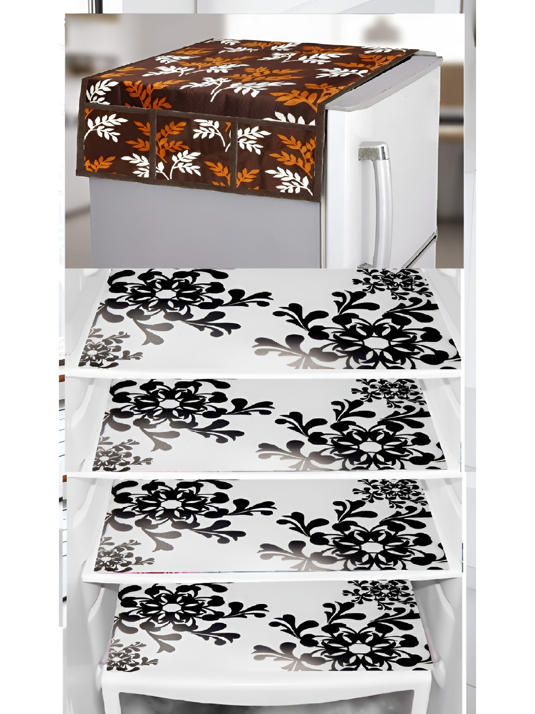 REVEXO White & Brown 5 Pieces Printed Refrigerator Top Cover With Handle & Mats
REVEXO White & Brown 5 Pieces Printed Refrigerator Top Cover With Handle & Mats