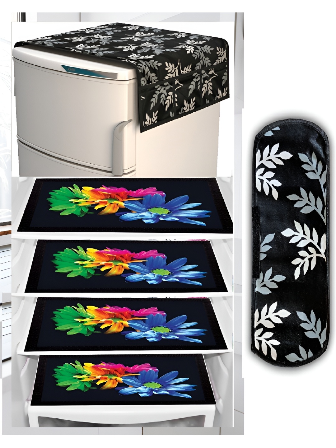 REVEXO Black & Blue Floral Printed Fridge Cover With 4 Fridge Mats & 1 Handle Cover
REVEXO Black & Blue Floral Printed Fridge Cover With 4 Fridge Mats & 1 Handle Cover