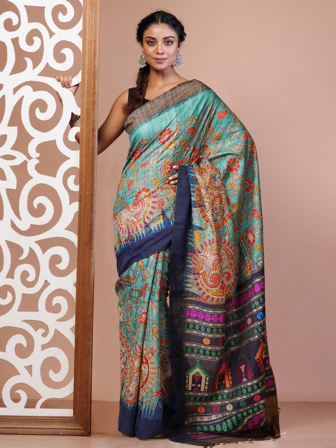 Unnati Silks Ethnic Motifs Kantha Work Pure Silk Handloom Tussar Saree, Turquoise blue
Unnati Silks Ethnic Motifs Kantha Work Pure Silk Handloom Tussar Saree, Turquoise blue