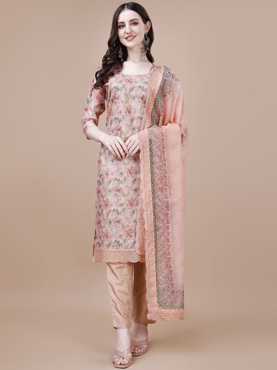 VIRICA Floral Printed Sequinned Round Neck Straight Kurta with Trousers & Dupatta, Peach
VIRICA Floral Printed Sequinned Round Neck Straight Kurta with Trousers & Dupatta, Peach