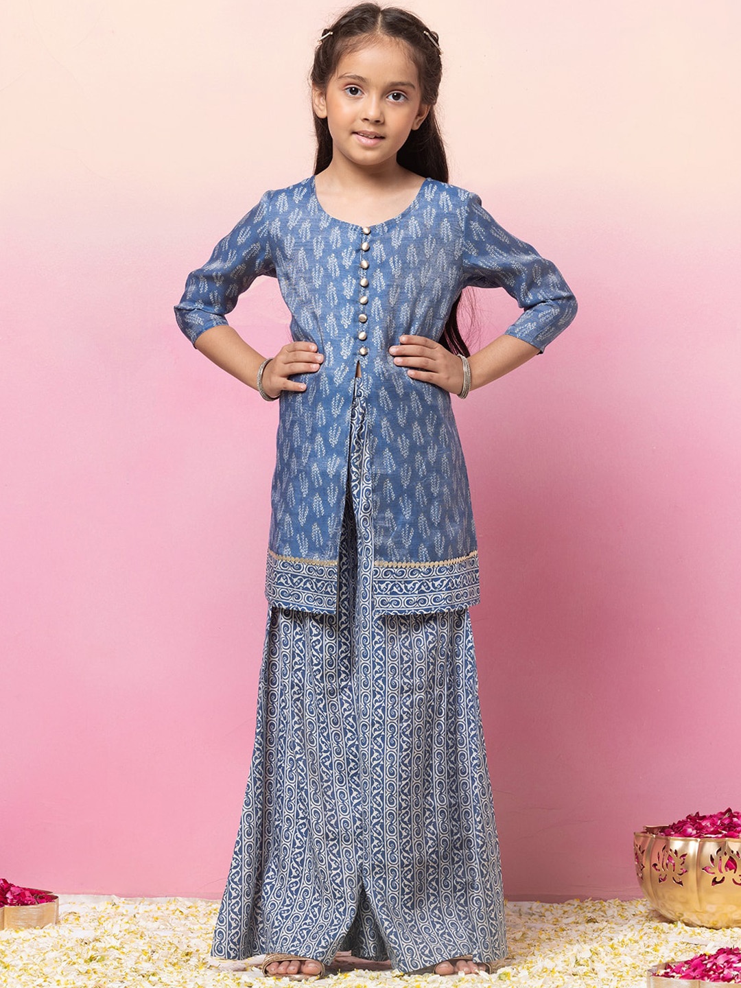 Miss Indya Girls Round Neck Ethnic Motifs Printed Pure Cotton Straight Kurta with Sharara, Blue
Miss Indya Girls Round Neck Ethnic Motifs Printed Pure Cotton Straight Kurta with Sharara, Blue