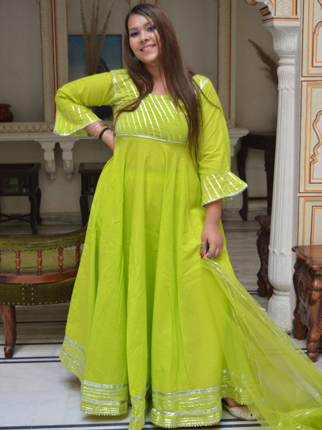 Swadeshi Shringaar Striped Gotta Patti Bell Sleeves Anarkali Kurta With Trousers & Dupatta, Green
Swadeshi Shringaar Striped Gotta Patti Bell Sleeves Anarkali Kurta With Trousers & Dupatta, Green