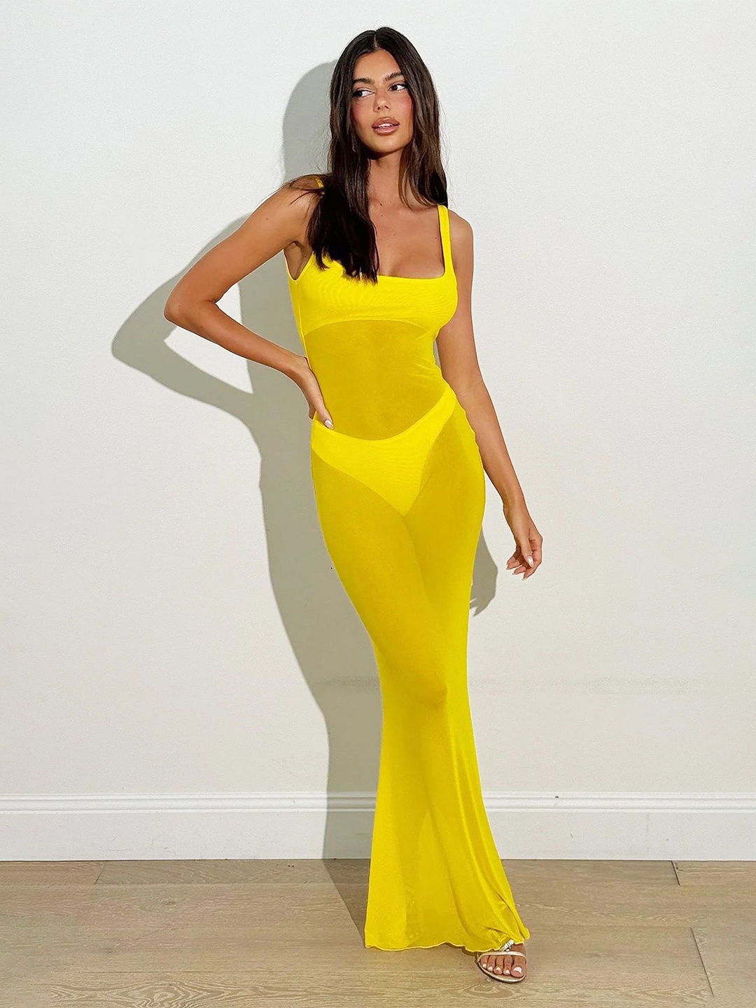 LULU & SKY Yellow Shoulder Straps Sheer Maxi Dress