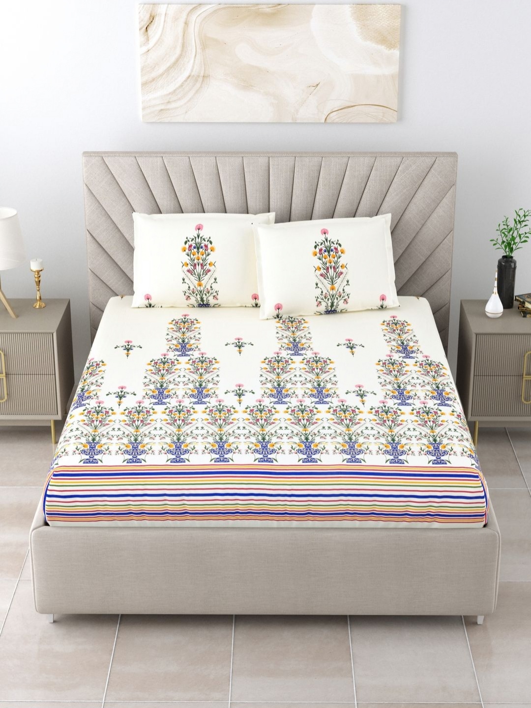 BOMBAY DYEING Cream-Coloured & Blue Floral 210 TC King Bedsheet with 2 Pillow Covers
BOMBAY DYEING Cream-Coloured & Blue Floral 210 TC King Bedsheet with 2 Pillow Covers