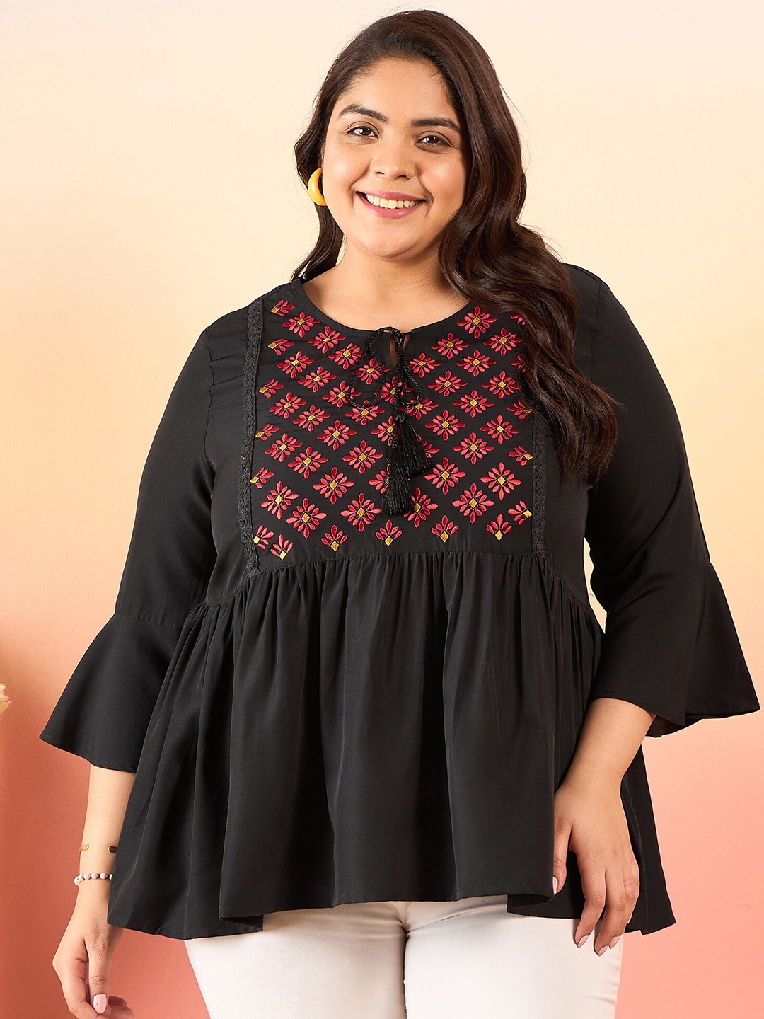 Sztori Plus Size Ethnic Motifs Embroidered Tie-Up Neck Bell Sleeve Crepe Longline Top, Black
Sztori Plus Size Ethnic Motifs Embroidered Tie-Up Neck Bell Sleeve Crepe Longline Top, Black