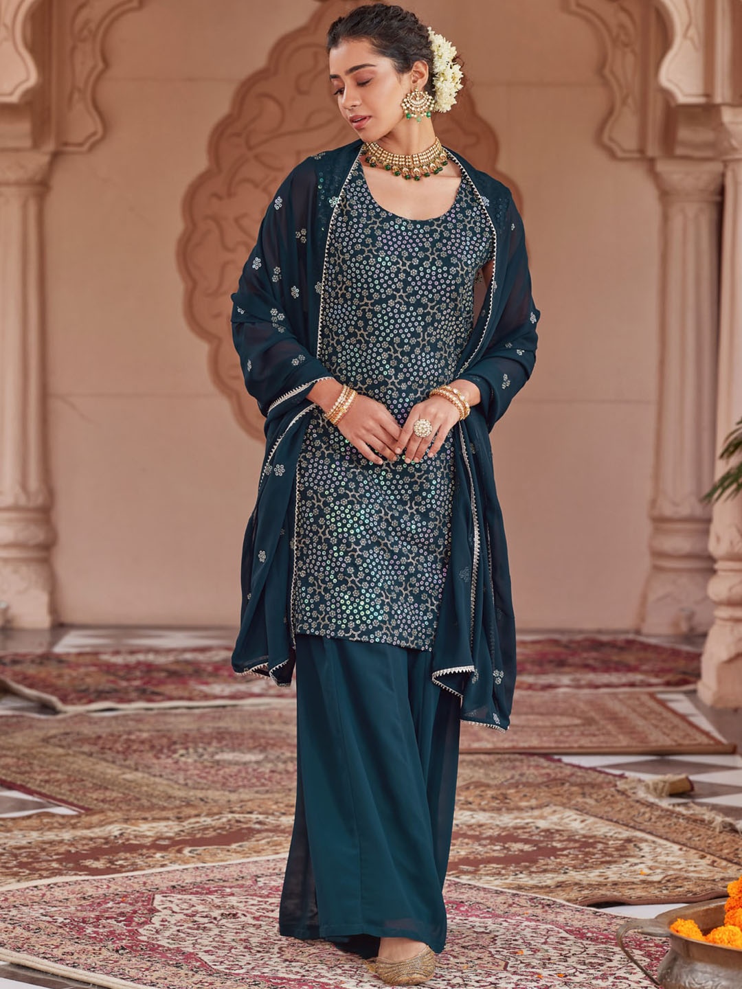 WOMEN PLUS Women Embroidered Regular Sequinned Kurta with Sharara & With Dupatta, Blue
WOMEN PLUS Women Embroidered Regular Sequinned Kurta with Sharara & With Dupatta, Blue