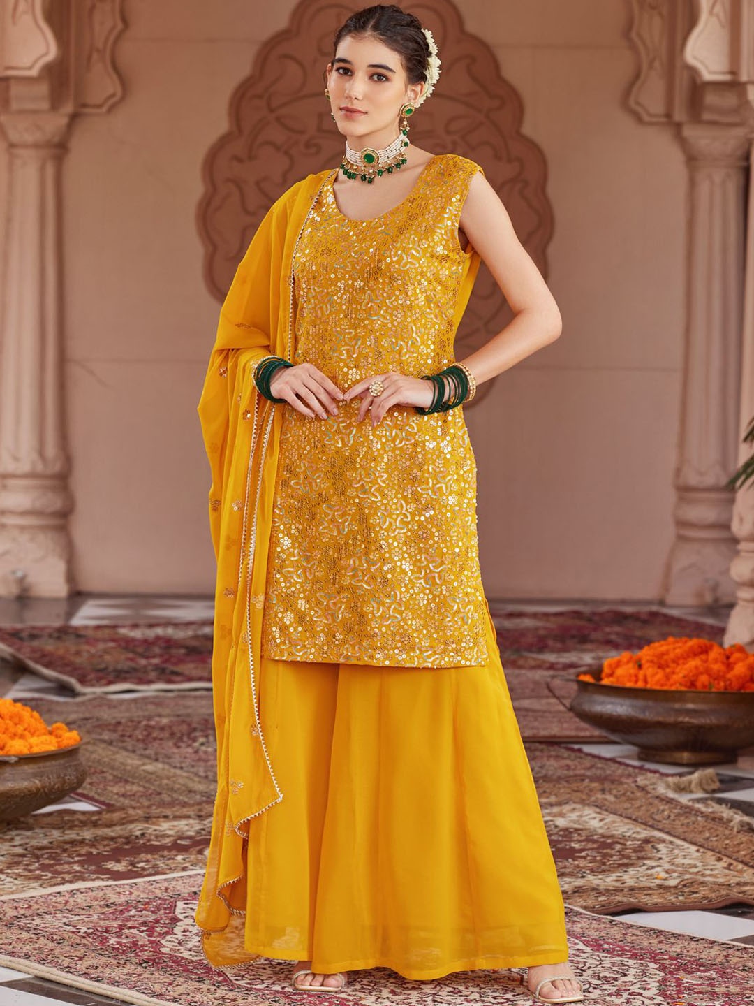 WOMEN PLUS Women Floral Embroidered Regular Sequinned Kurta with Sharara & With Dupatta, Yellow
WOMEN PLUS Women Floral Embroidered Regular Sequinned Kurta with Sharara & With Dupatta, Yellow