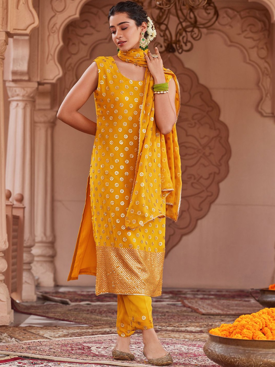 WOMEN PLUS Women Embroidered Regular Beads and Stones Kurta with Trousers & With Dupatta, Mustard
WOMEN PLUS Women Embroidered Regular Beads and Stones Kurta with Trousers & With Dupatta, Mustard