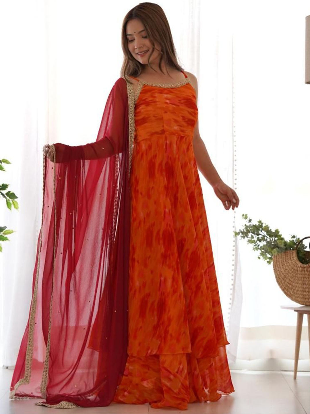 Rangpur Printed Shoulder Straps Georgette Gotta Patti Anarkali Layered Kurta With Dupatta, Orange
Rangpur Printed Shoulder Straps Georgette Gotta Patti Anarkali Layered Kurta With Dupatta, Orange