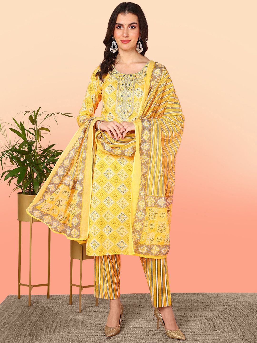 KALINI Embroidered Regular Pure Cotton Kurta with Trousers & With Dupatta, Yellow
KALINI Embroidered Regular Pure Cotton Kurta with Trousers & With Dupatta, Yellow
