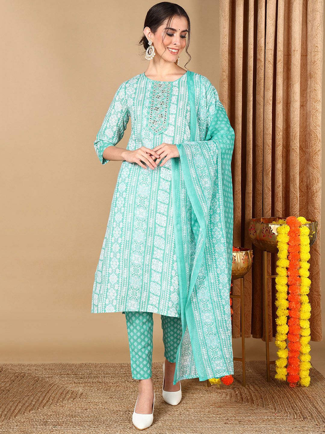 KALINI Ethnic Motifs Printed Mirror Work Straight Kurta With Trousers & Dupatta, Turquoise blue
KALINI Ethnic Motifs Printed Mirror Work Straight Kurta With Trousers & Dupatta, Turquoise blue