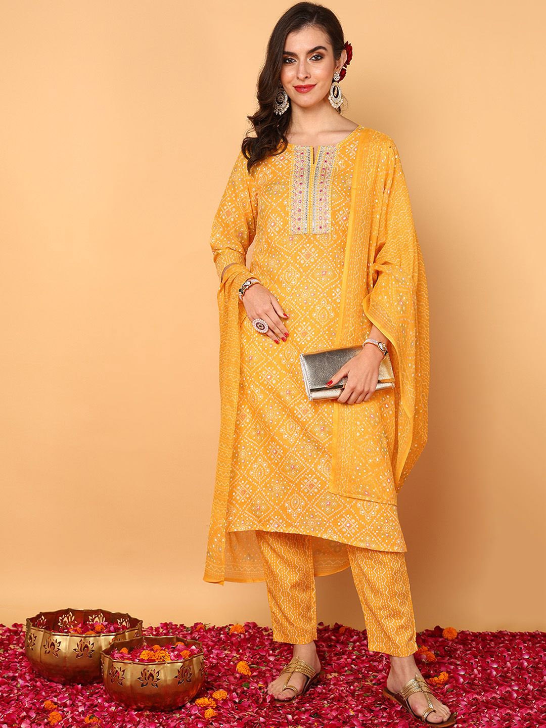 KALINI Bandhani Embroidered Mirror Work Straight Kurta With Trousers & Dupatta, Yellow
KALINI Bandhani Embroidered Mirror Work Straight Kurta With Trousers & Dupatta, Yellow
