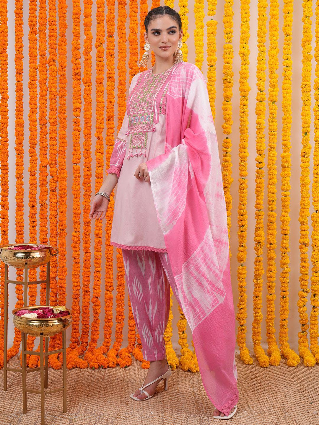 Vishudh Floral Embroidered Thread Work Pure Cotton Kurta with Trousers & Dupatta, Pink
Vishudh Floral Embroidered Thread Work Pure Cotton Kurta with Trousers & Dupatta, Pink