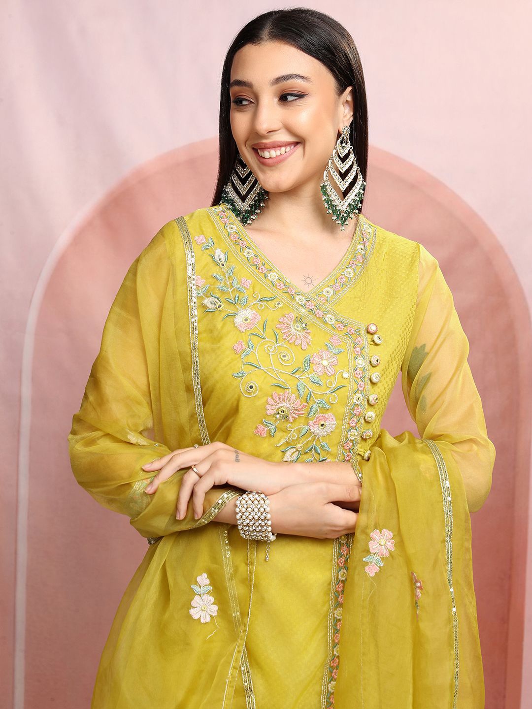 Vishudh Mustard Floral Embroidered Angrakha Pure Cotton Kurta with Trousers & Dupatta
Vishudh Mustard Floral Embroidered Angrakha Pure Cotton Kurta with Trousers & Dupatta