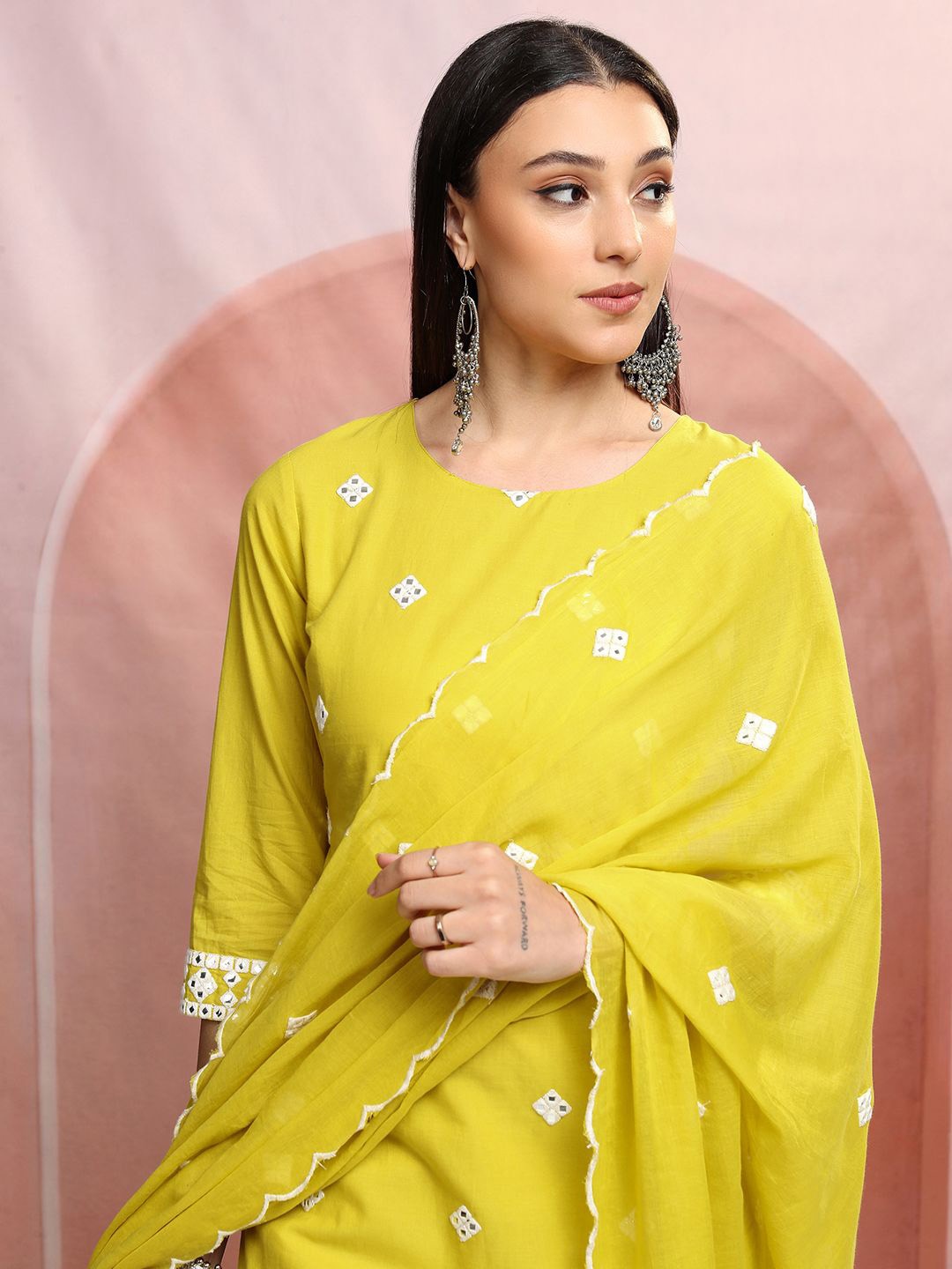 Vishudh Yellow Geometric Embroidered Mirror Work Pure Cotton Kurta with Trousers & Dupatta
Vishudh Yellow Geometric Embroidered Mirror Work Pure Cotton Kurta with Trousers & Dupatta