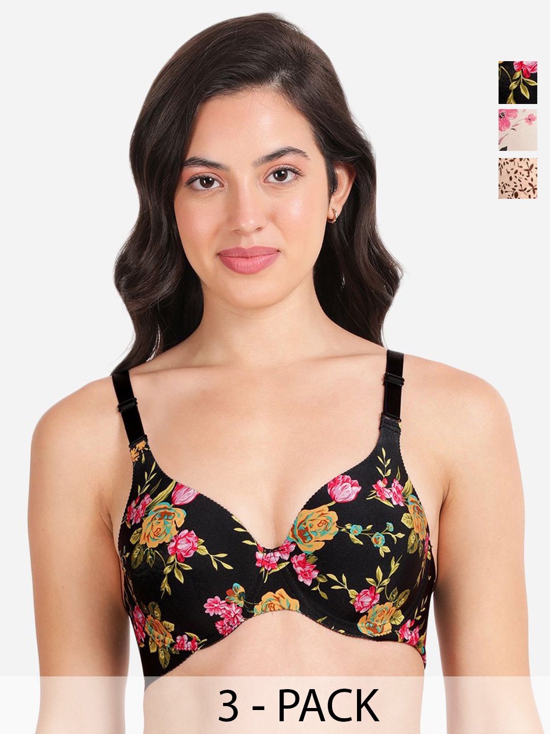 shyaway Pack Of 3 Floral Underwired Lightly Padded T-shirt Bras With All Day Comfort, Black
shyaway Pack Of 3 Floral Underwired Lightly Padded T-shirt Bras With All Day Comfort, Black