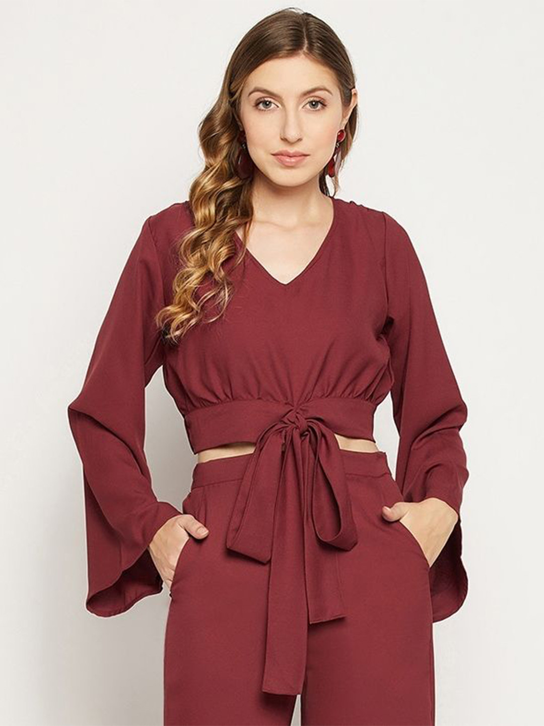 Fashfun Flared Sleeves V-Neck Cinched Waist Top, Brown 
Fashfun Flared Sleeves V-Neck Cinched Waist Top, Brown