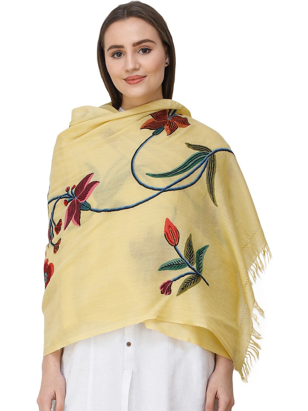 Exotic India Yellow Cream Hand-Embroidered Multicolor Flowers and Vines Kashmiri Stole
Exotic India Yellow Cream Hand-Embroidered Multicolor Flowers and Vines Kashmiri Stole