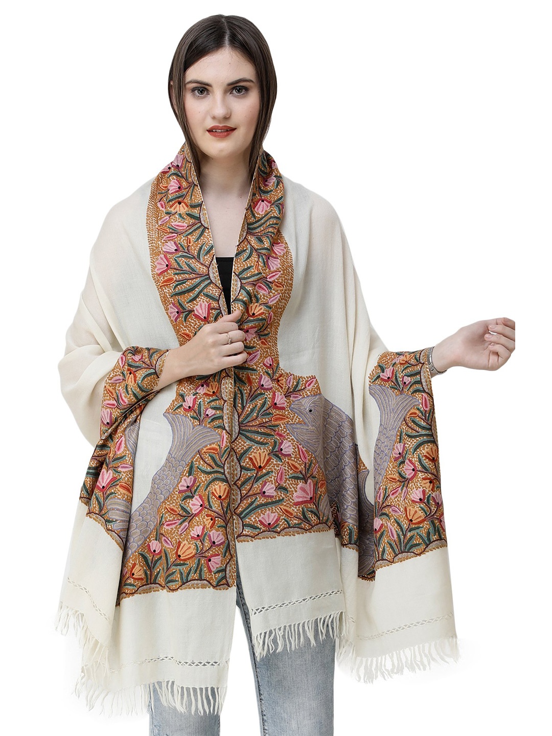 Exotic India Aari Hand-Embroidered Flowers and Fishes Pure Wool Kashmiri Stole, Cream
Exotic India Aari Hand-Embroidered Flowers and Fishes Pure Wool Kashmiri Stole, Cream