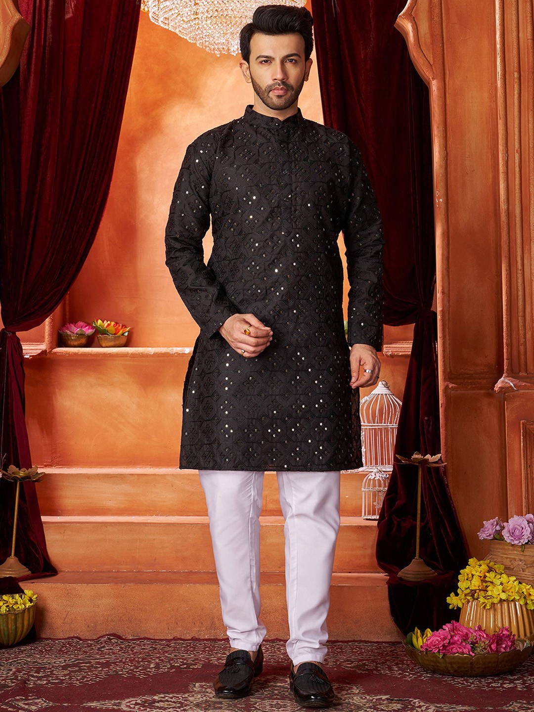 Fashion FRICKS Geometric Embroidered Mandarin Collar Sequinned Cotton Straight Kurta, Black
Fashion FRICKS Geometric Embroidered Mandarin Collar Sequinned Cotton Straight Kurta, Black