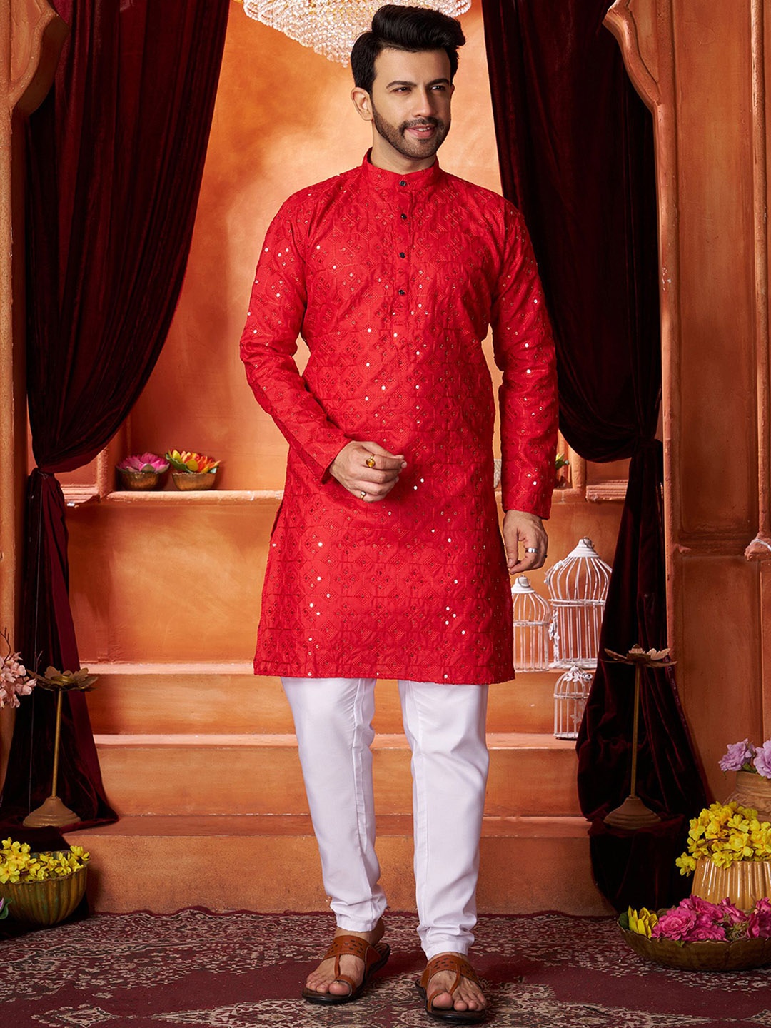 Fashion FRICKS Geometric Embroidered Mandarin Collar Sequinned Cotton Straight Kurta, Red
Fashion FRICKS Geometric Embroidered Mandarin Collar Sequinned Cotton Straight Kurta, Red