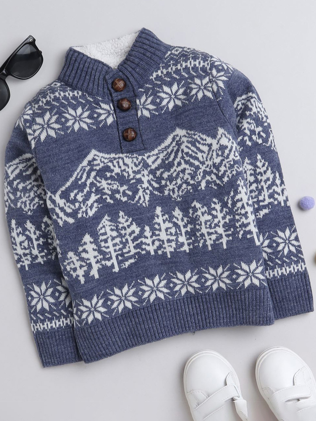 Yellow Apple Girls Round Neck Printed Woollen Pullover, Blue 
Yellow Apple Girls Round Neck Printed Woollen Pullover, Blue