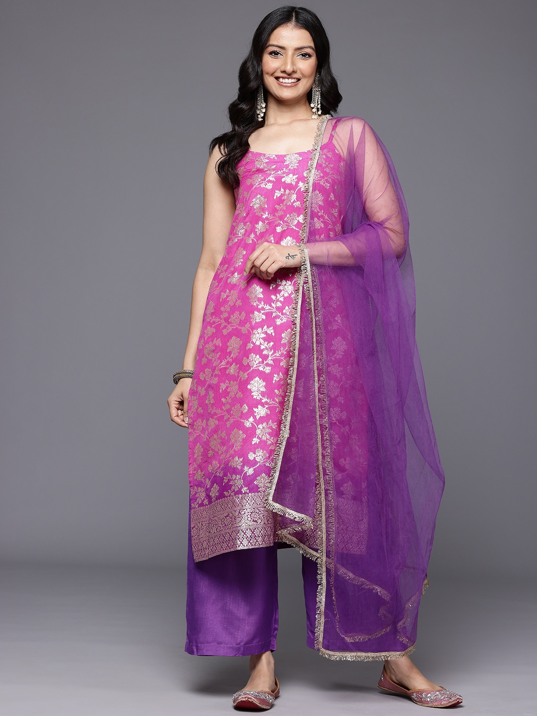 Varanga Floral Woven Design Brocade Kurta With Trousers & Dupatta, Pink
Varanga Floral Woven Design Brocade Kurta With Trousers & Dupatta, Pink