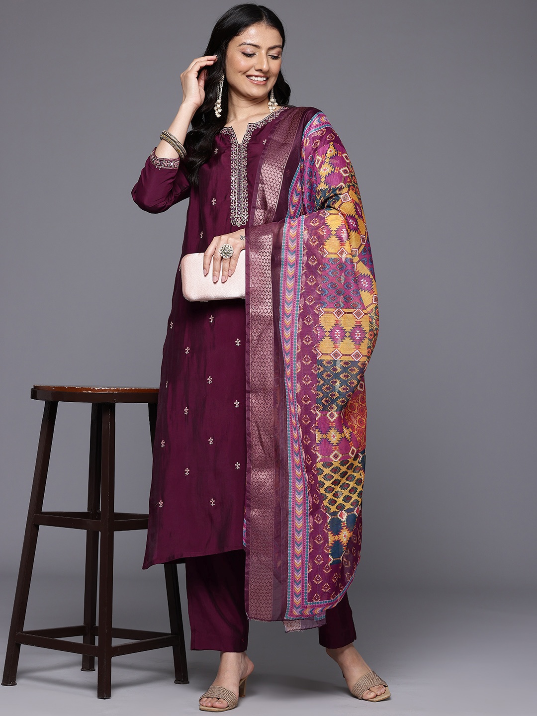 Varanga Ethnic Motifs Embroidered Mirror Work Kurta With Trousers & Dupatta, Burgundy
Varanga Ethnic Motifs Embroidered Mirror Work Kurta With Trousers & Dupatta, Burgundy