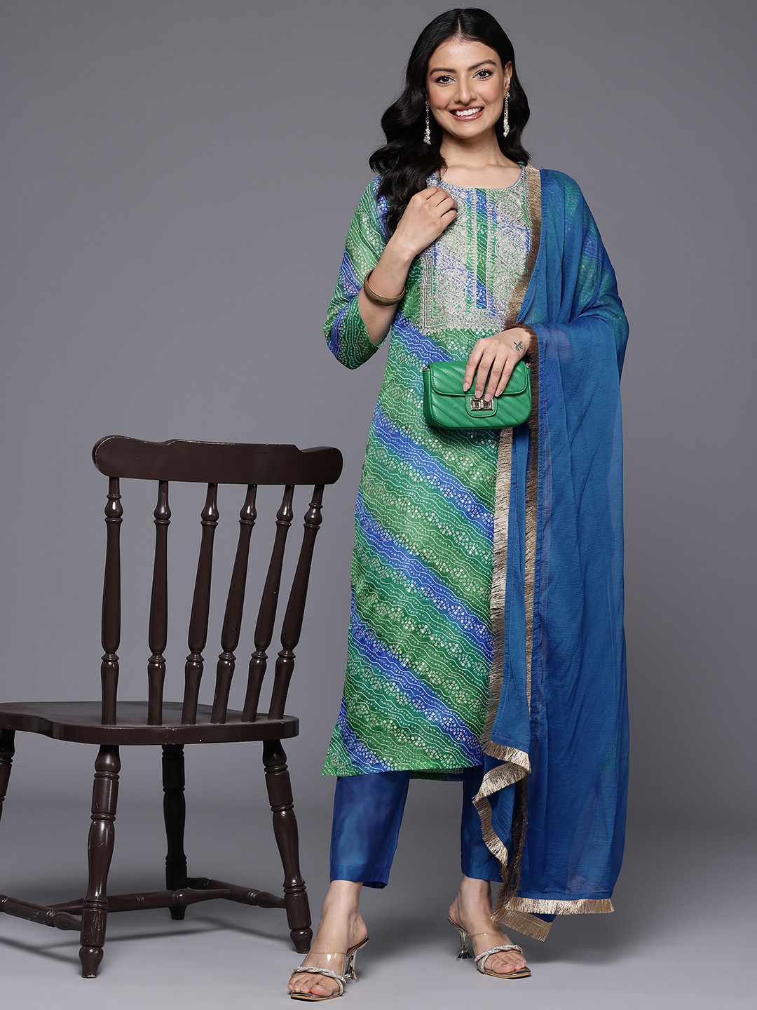 Varanga Women Bandhani Printed Zari Embroidered Kurta with Trousers & With Dupatta, Blue
Varanga Women Bandhani Printed Zari Embroidered Kurta with Trousers & With Dupatta, Blue