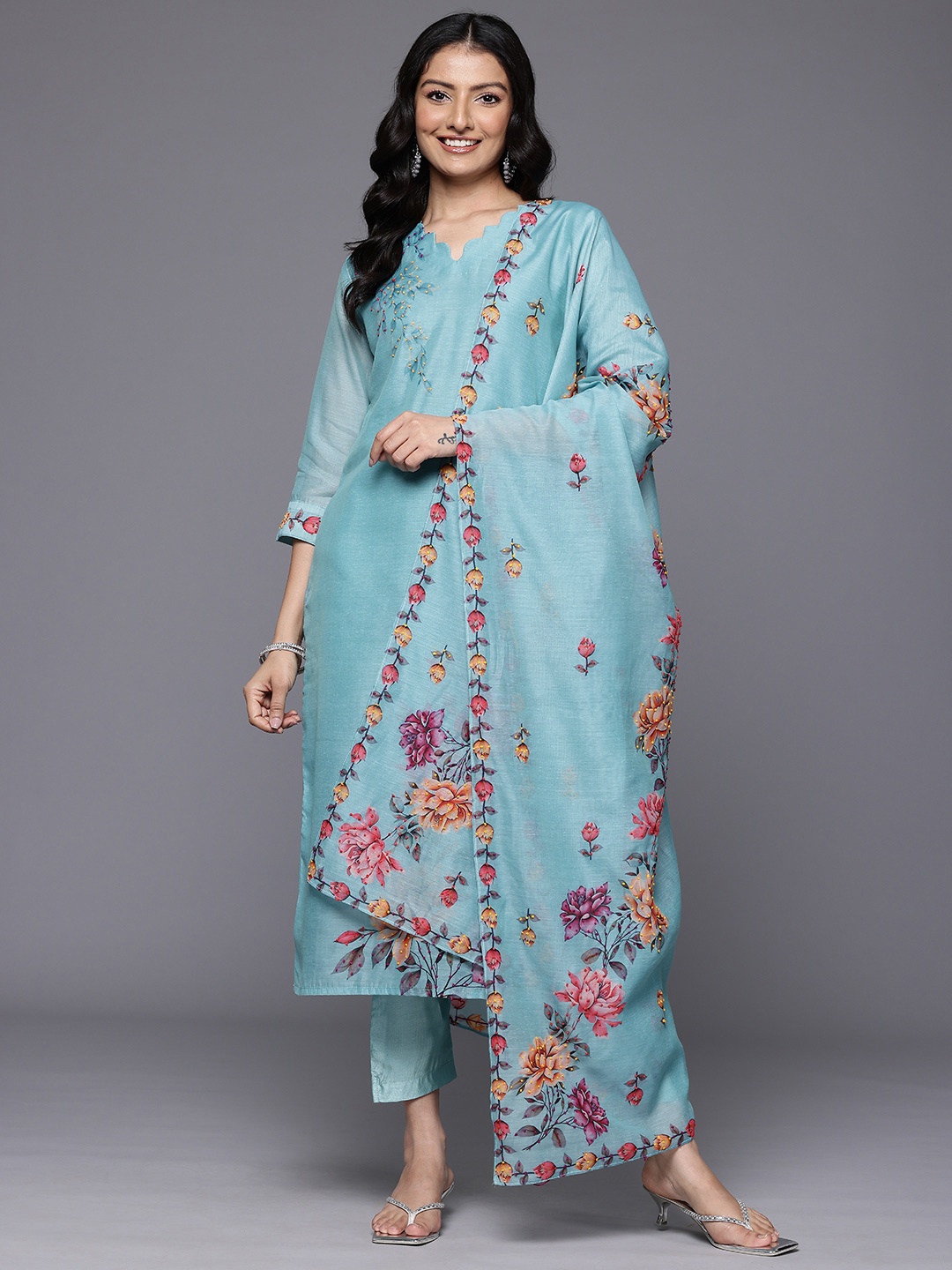 Varanga Floral Embroidered Thread Work Chanderi Silk Kurta With Trousers & Dupatta, Blue
Varanga Floral Embroidered Thread Work Chanderi Silk Kurta With Trousers & Dupatta, Blue