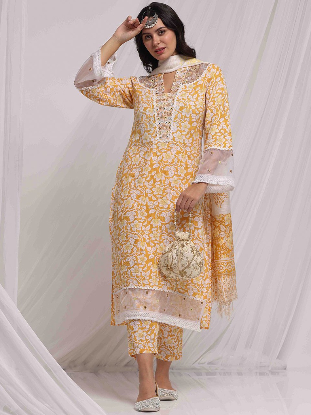 Anouk Mustard Floral Embroidered Mirror Work Pure Cotton Kurta with Trousers & Dupatta
Anouk Mustard Floral Embroidered Mirror Work Pure Cotton Kurta with Trousers & Dupatta