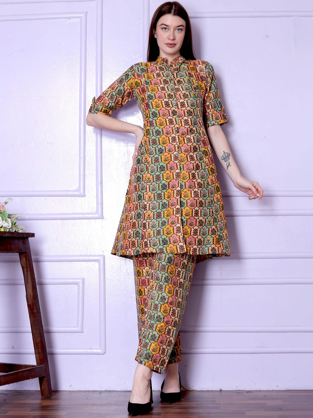 Ashiya Fab Ethnic Motifs Printed Mandarin Collar Roll-Up Sleeves Shirt With Trousers, Yellow
Ashiya Fab Ethnic Motifs Printed Mandarin Collar Roll-Up Sleeves Shirt With Trousers, Yellow
