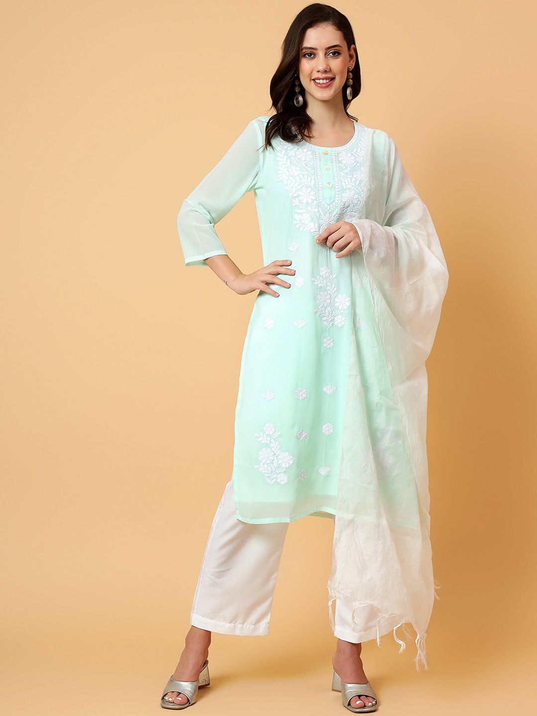 Bani Women Floral Embroidered Thread Work Sheer Kurta With Trousers & Dupatta, Green
Bani Women Floral Embroidered Thread Work Sheer Kurta With Trousers & Dupatta, Green