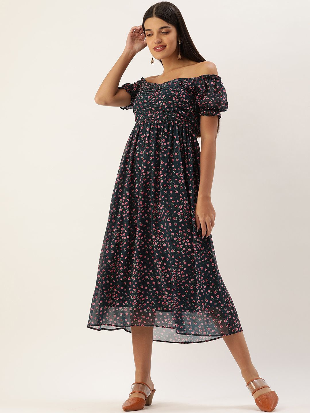 DressBerry Floral Print Off-Shoulder Puff Sleeve Georgette Fit & Flare Midi Dress, Navy blue
