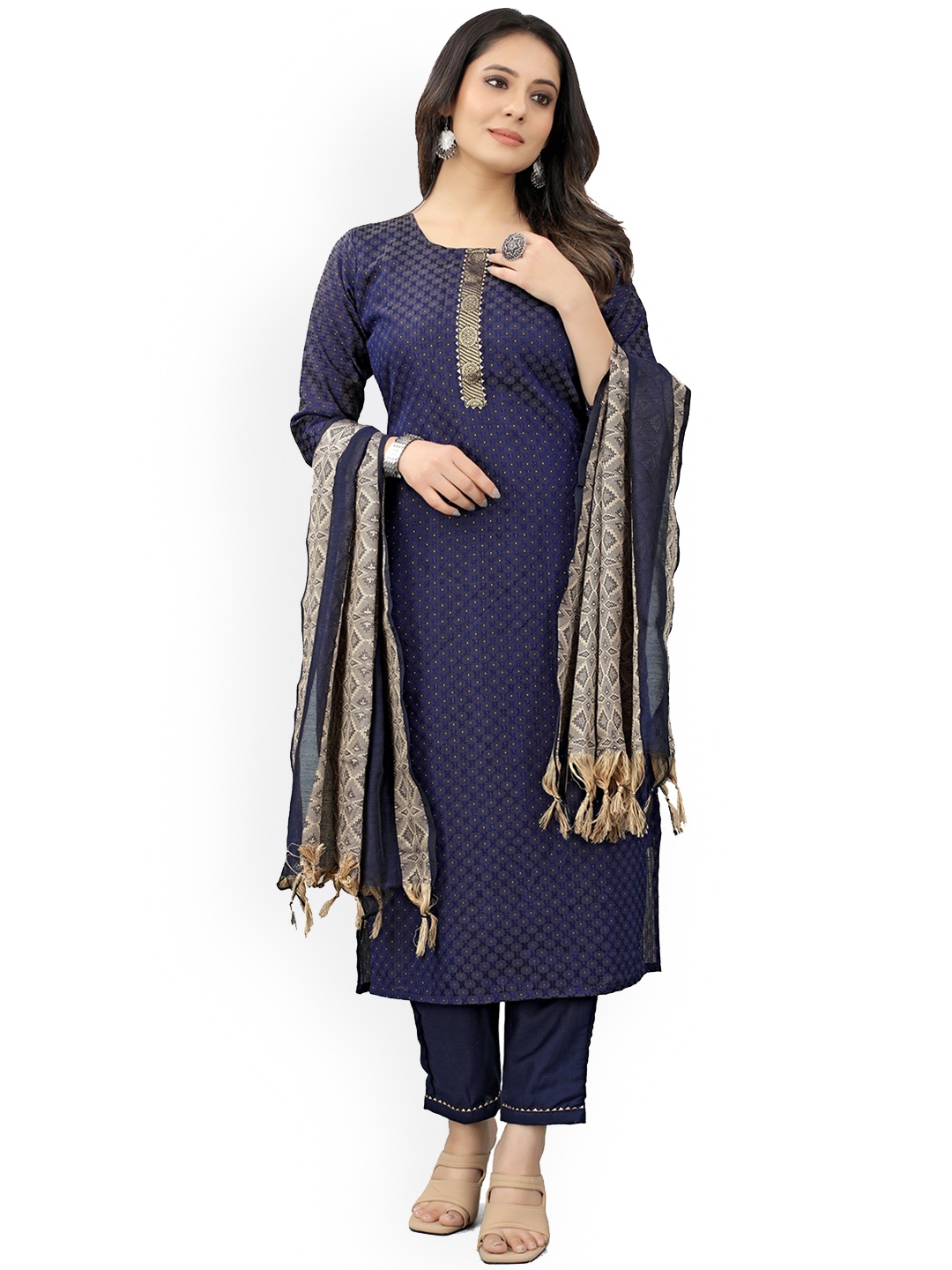 revika Geometric Woven Design Gotta Patti Straight Kurta With Trousers & Dupatta, Blue
revika Geometric Woven Design Gotta Patti Straight Kurta With Trousers & Dupatta, Blue