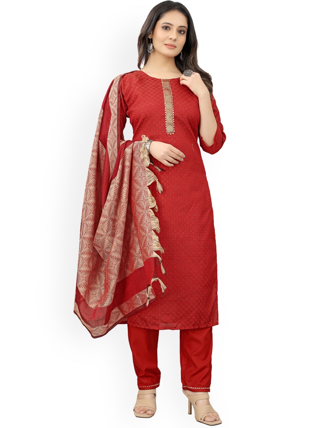 revika Round Neck Geometric Woven Design Gotta Patti Straight Kurta With Trouser & Dupatta, Red
revika Round Neck Geometric Woven Design Gotta Patti Straight Kurta With Trouser & Dupatta, Red